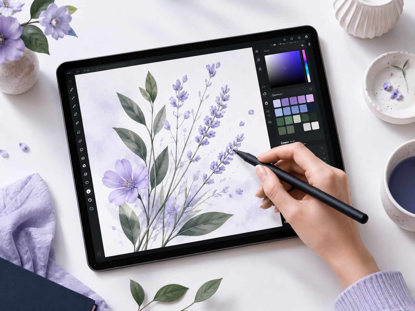 Ilustración de lavanda en proceso sobre una tableta