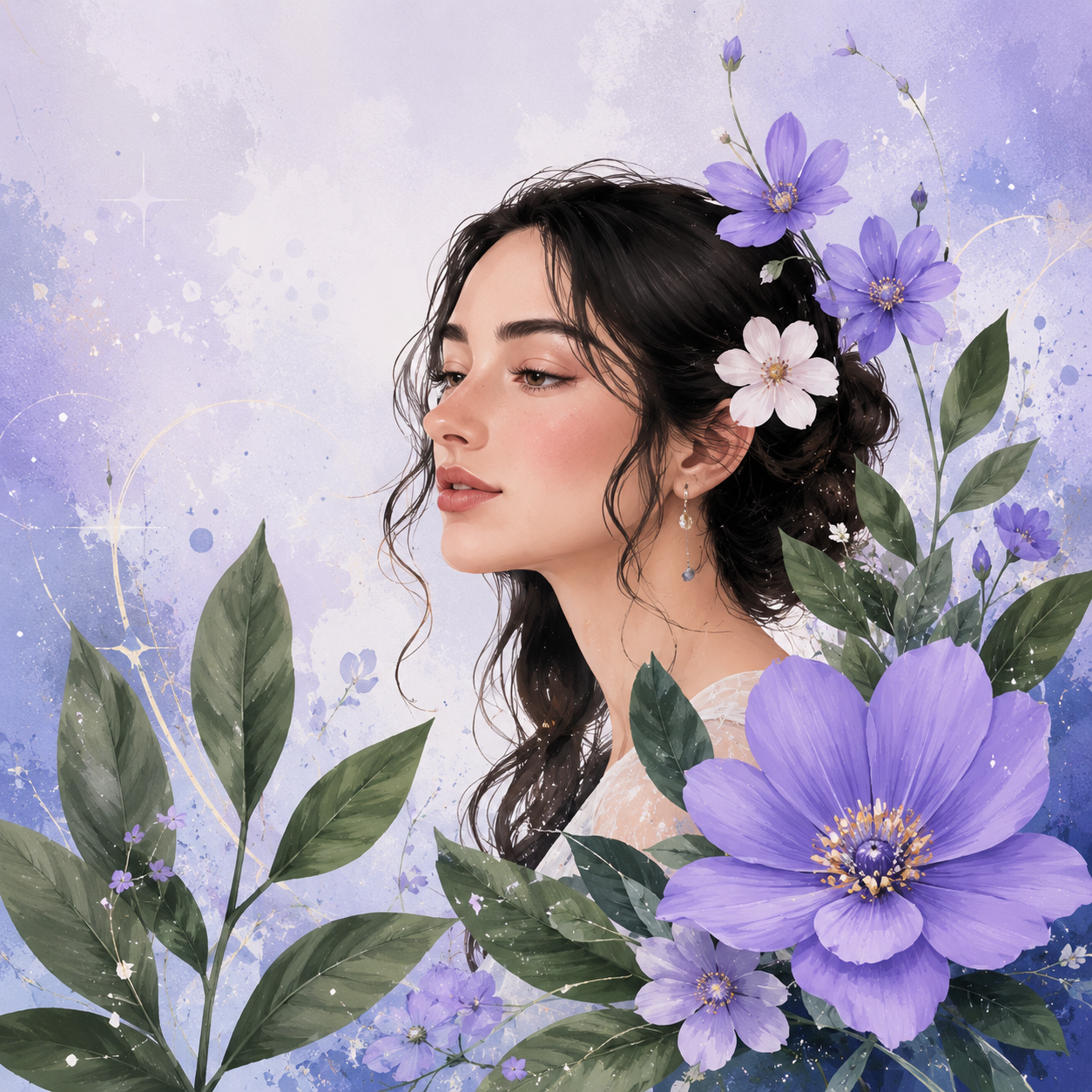Ilustración digital de una mujer entre flores de lavanda